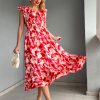 Women's Summer Dress Casual Boho Beach V Neck Smocked Waist Front Ruffle Floral Maxi Dresses with Pockets