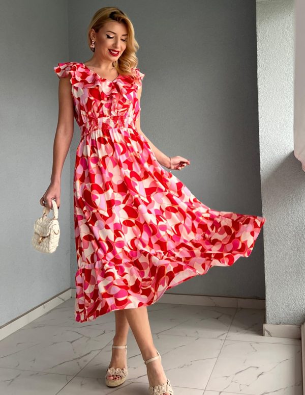 Women's Summer Dress Casual Boho Beach V Neck Smocked Waist Front Ruffle Floral Maxi Dresses with Pockets