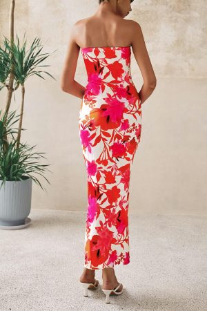 Women's 2025 Summer Floral Bodycon Maxi Dresses Ribbed Strapless Tube Casual Boho Party Long Dress