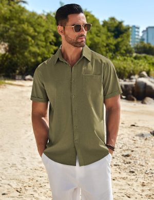 Men's Casual Button Down Shirts Short Sleeve Beach Summer Shirt Vacation Wedding Shirts with Pocket