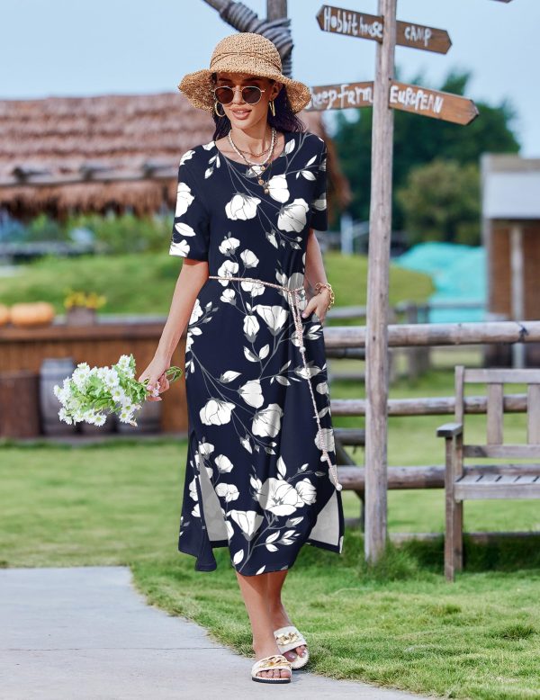 Women Floral Summer Dress Casual Beach Dress Printed T Shirt Dress Split Long Dress Travel 2025 Vacation Dress
