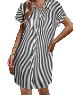 Women's Summer Dress 2025 Cotton Button Down Short Sleeve Tshirt Dresses Casual Flowy V Neck Loose Mini Beach Dress