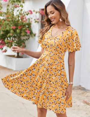 Womens Summer Dress Casual Swing Floral Ruffle Short Sleeve Sundresses Beach Mini A-line Shift Dress 2025 with Pockets