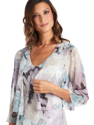 Elegant High Low Ruffle Floral Print Chiffon Dress W/ 3/4 Sleeve Sheer Coordinating Bolero