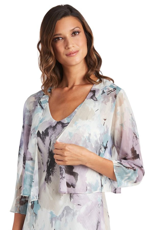 Elegant High Low Ruffle Floral Print Chiffon Dress W/ 3/4 Sleeve Sheer Coordinating Bolero