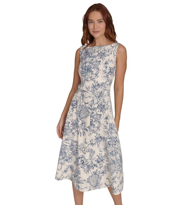 Women's Sleeveless Boat Neck Fit & Flare Midi Dress