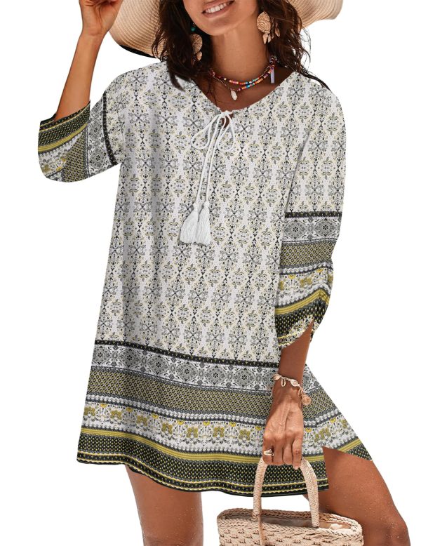 Womens Boho Dresses Casual Beach Summer Dress Tassel Tie Neck 3/4 Long Sleeve Mini Sundress 2025 Floral Print Cover Up