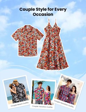 Matching Hawaiian Outfits for Couples Beach Vacation Tropical Print Women Spaghetti Strap Dress or Men Cruise Shirt