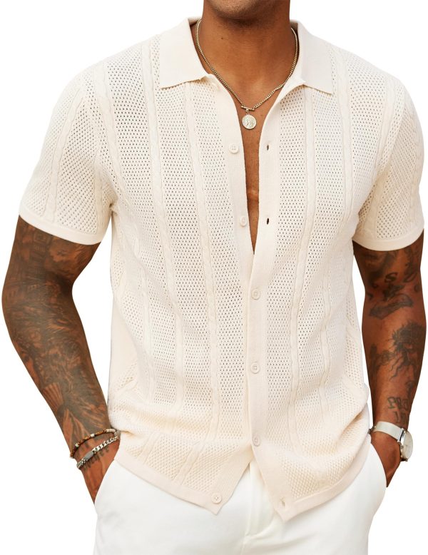 Mens Knit Button Down Shirts Casual Textured Polo Shirt Short Sleeve Vintage Summer Beach Tops