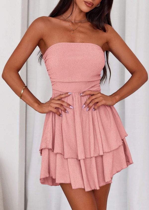 Women's 2025 Summer Strapless Tube Mini Dress Off Shoulder Smocked Ruffle A Line Flowy Short Party Club Dresses