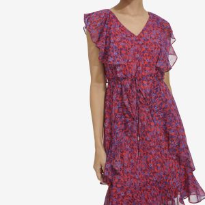 Women's Ruffle Trim Tie Waist Chiffon Mini Dress
