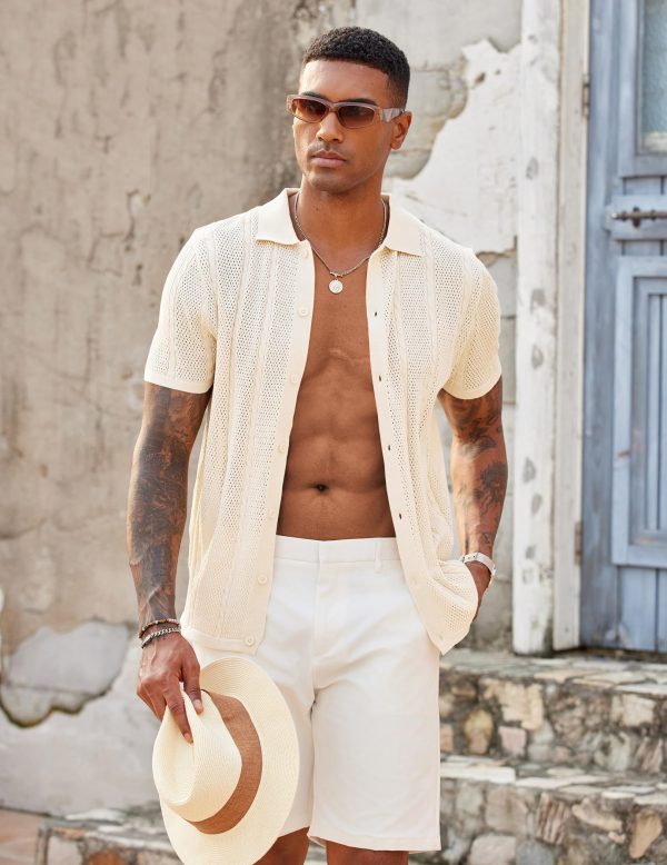 Mens Knit Button Down Shirts Casual Textured Polo Shirt Short Sleeve Vintage Summer Beach Tops