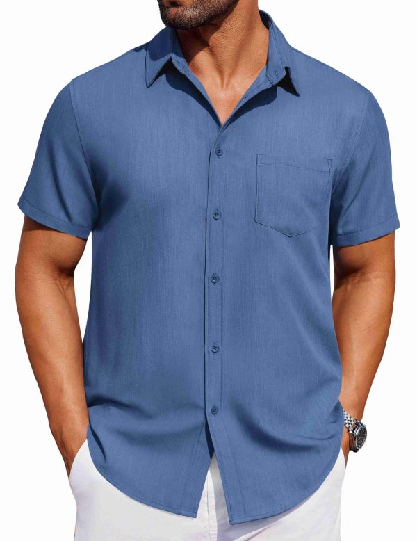 Men's Short Sleeve Button Down Shirt Casual Untucked Dress Shirt Stretch Denim Shirt