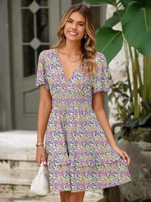 Simplee Womens Floral Short Summer Dress - Empire Waist A Line Flutter Sleeve V Neck Boho Mini Dresses with Pockets