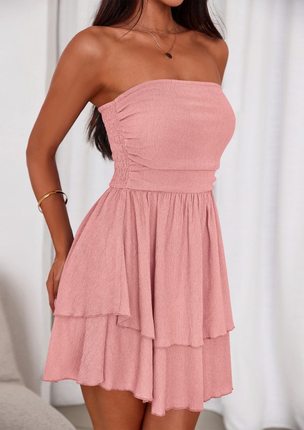 Women's 2025 Summer Strapless Tube Mini Dress Off Shoulder Smocked Ruffle A Line Flowy Short Party Club Dresses