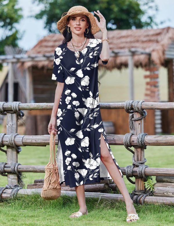 Women Floral Summer Dress Casual Beach Dress Printed T Shirt Dress Split Long Dress Travel 2025 Vacation Dress