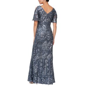 Women's Long Mother of The Bride Sequin Dress with Cold Shoulder Flutter Sleeves (Petite and Regular Sizes)