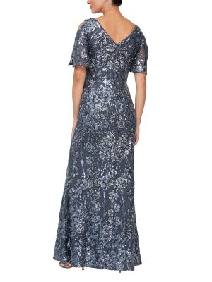 Women's Long Mother of The Bride Sequin Dress with Cold Shoulder Flutter Sleeves (Petite and Regular Sizes)
