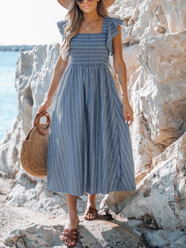 Women's Summer Dress Square Neck Striped Smocked Dress Ruffled Cap Sleeves Dress A Line Maxi Formal Dress