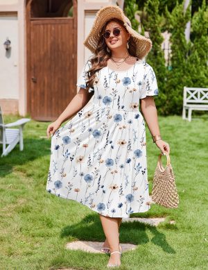 Women Plus Size Short Sleeve Dress Loose Summer Casual A-Line Flowy Midi Dresses with Pockets