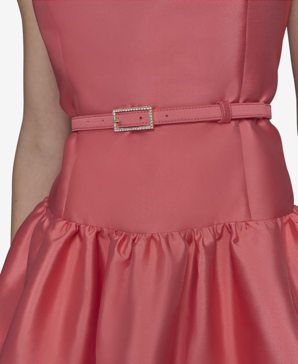 Women's Sleeveless Boat Neck Drop Waist Belted Midi Dress